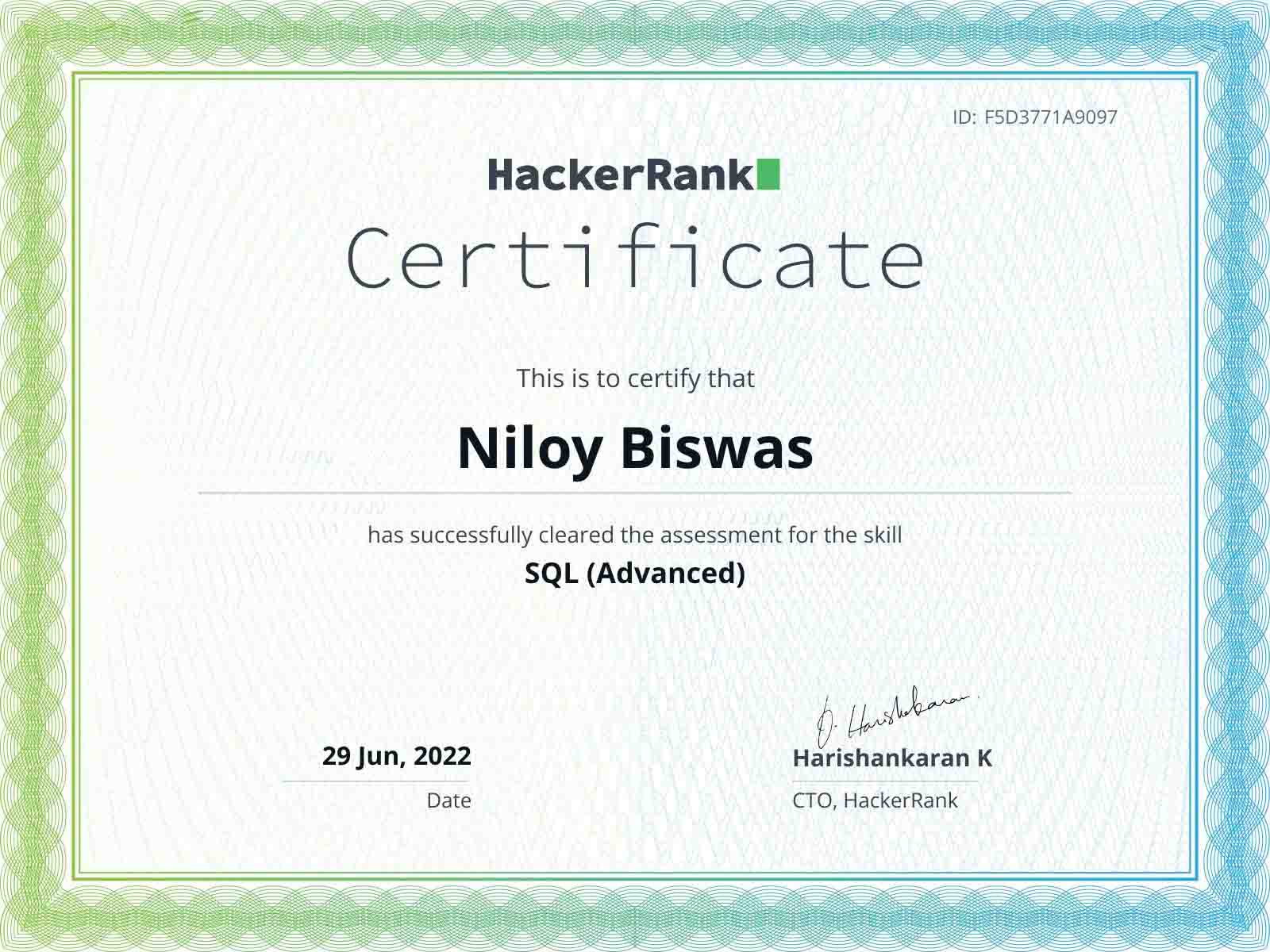 Niloy Biswas SQL (Advanced) Certificate
